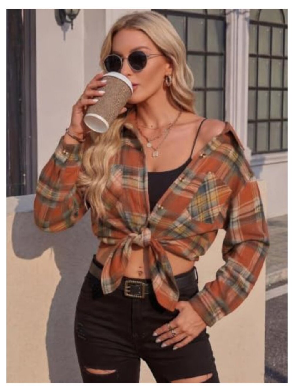 Women's Lightweight Flannel Plaid Long Sleeve Button Down Oversized Shirt - Picture 3 of 6